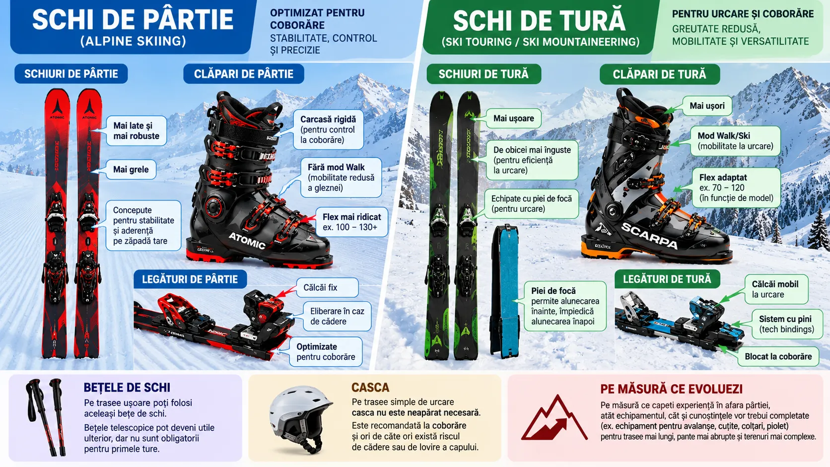 Schiul de pârtie vs. schiul de tură: diferențele de bază dintre echipamente